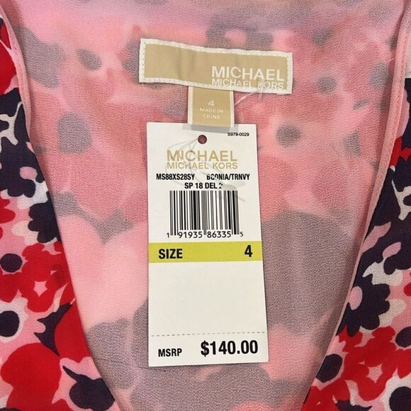 Michael Kors V-Neck Floral Dress Short Sleeve Pockets Pink Red Blue Size 4 NWT - Picture 14 of 16